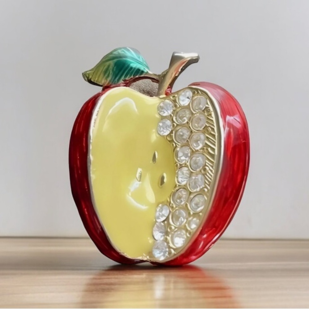 Vintage Red Sliced Apple Rhinestone Brooch Pin Enamel Gold Tone Signed